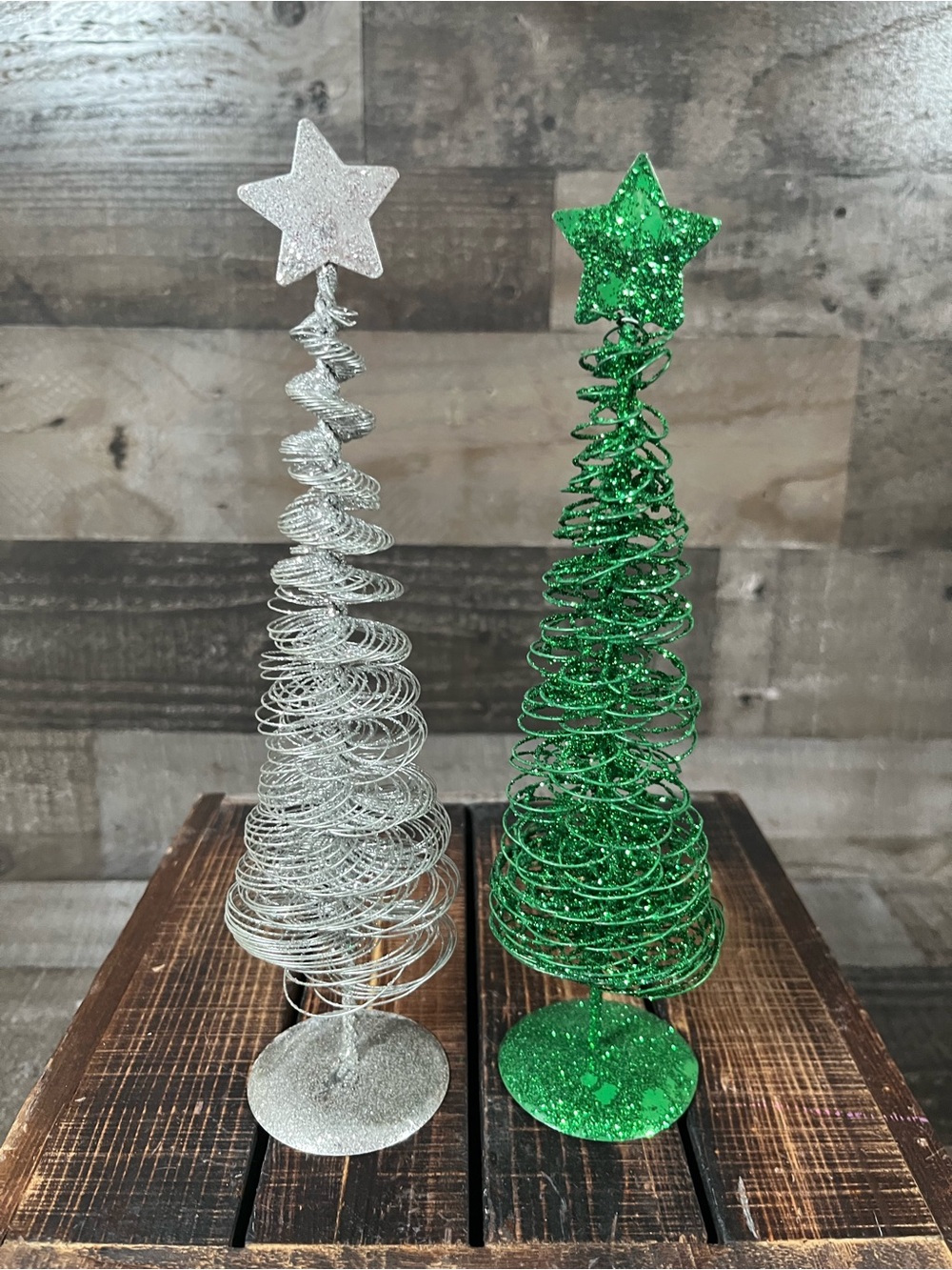 Vintage Lot of 2- Christmas Trees Green & Silver Glitter Looped Wire Holiday